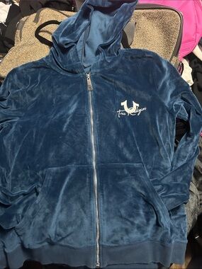 True Religion Blue Velour Zip-Up Hoodie